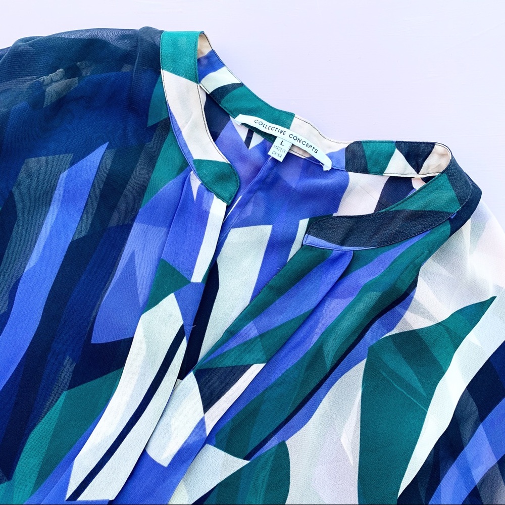COLLECTIVE CONCEPTS short cap sleeve blouse top sheer shirt geometric print L - Picture 5 of 11